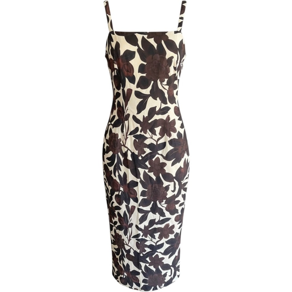 Commense Floral Midi Dress Brown Cream Open Back Ruched Strap Sheath NEW